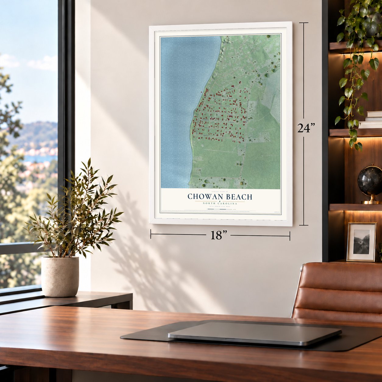Chowan Beach, North Carolina map, 18 x 24 inch print in a white frame in a home office