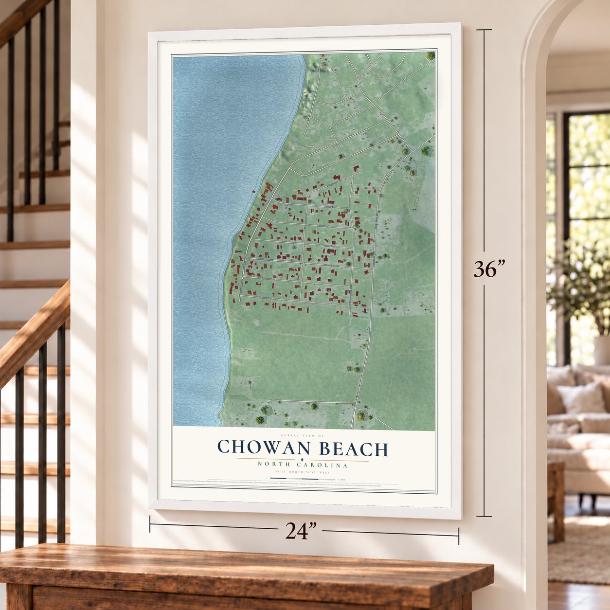 Chowan Beach, North Carolina map, 24 x 36 inch print in a white frame by a staircase