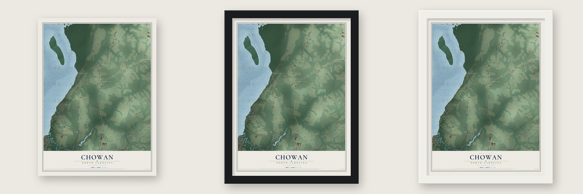 Chowan, North Carolina map unframed, in a black wood frame and in a white wood frame