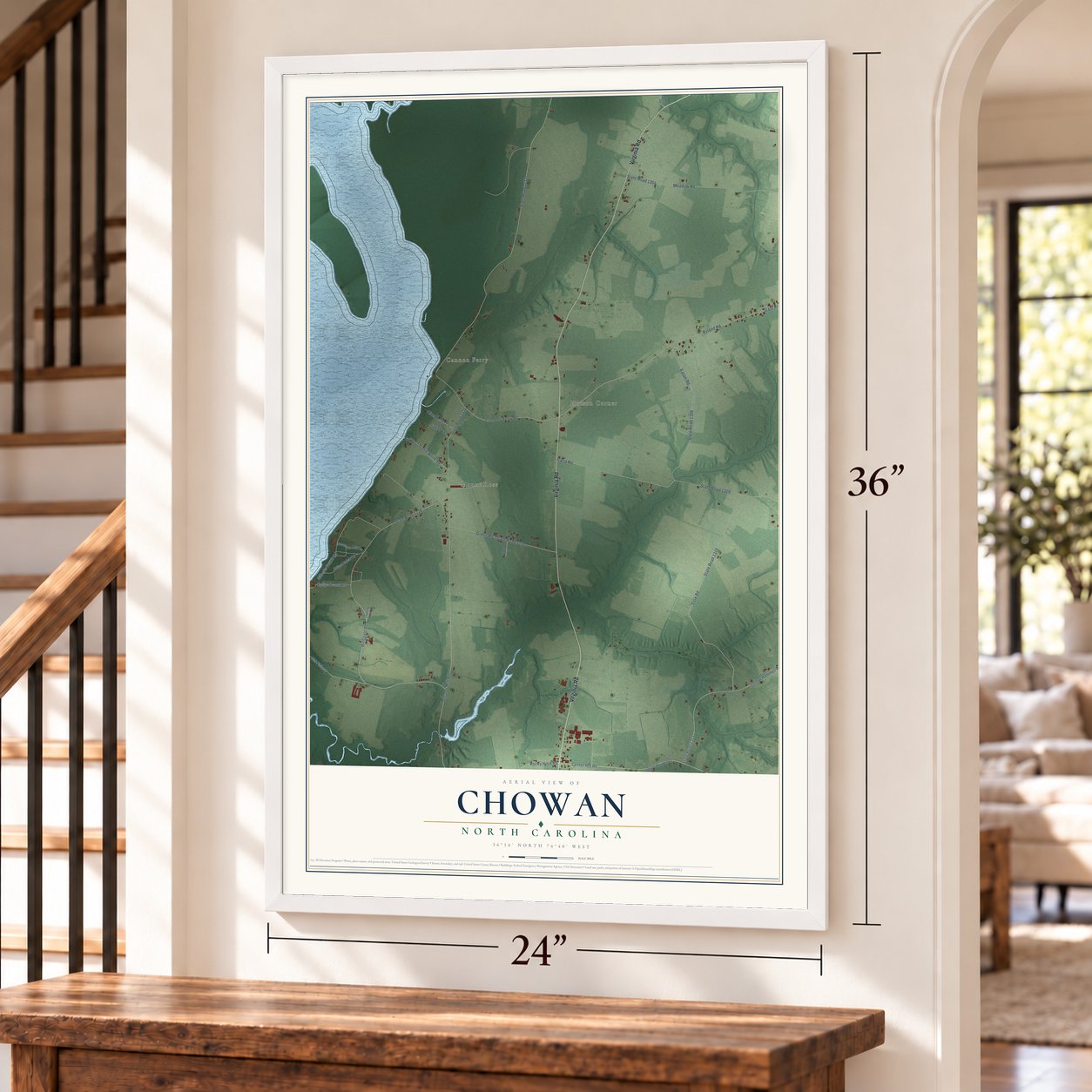 Chowan, North Carolina map, 24 x 36 inch print in a white frame by a staircase