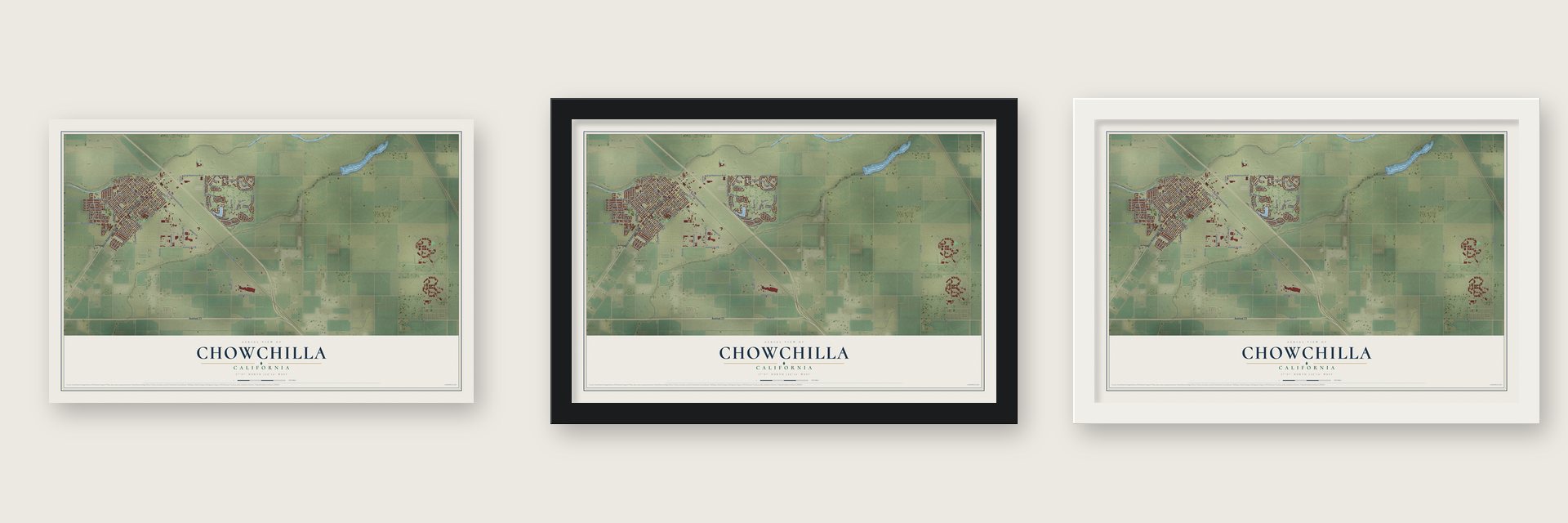 Chowchilla, California map unframed, in a black wood frame and in a white wood frame