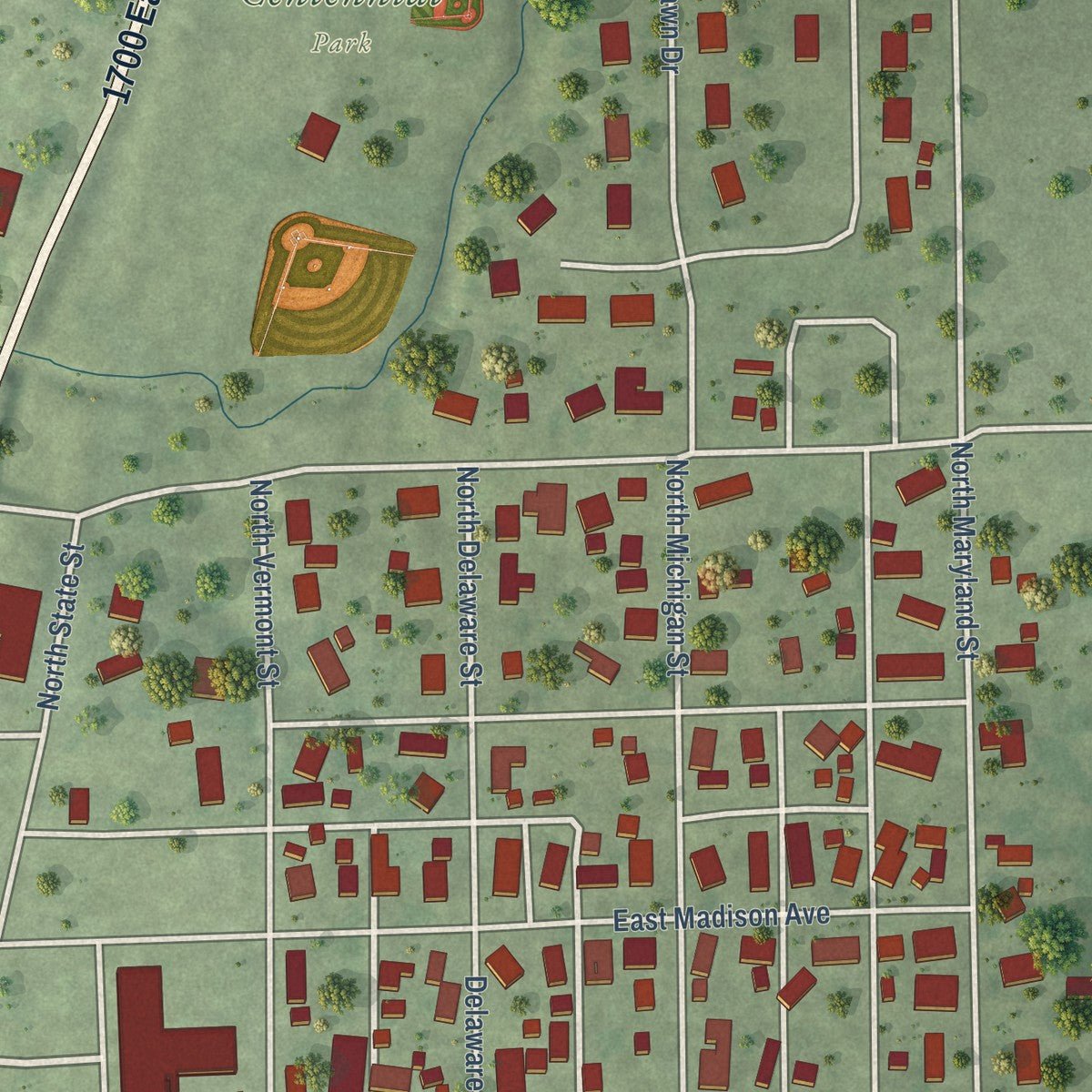 Second close-up of the map of Chrisman, Illinois print showing more streets and buildings