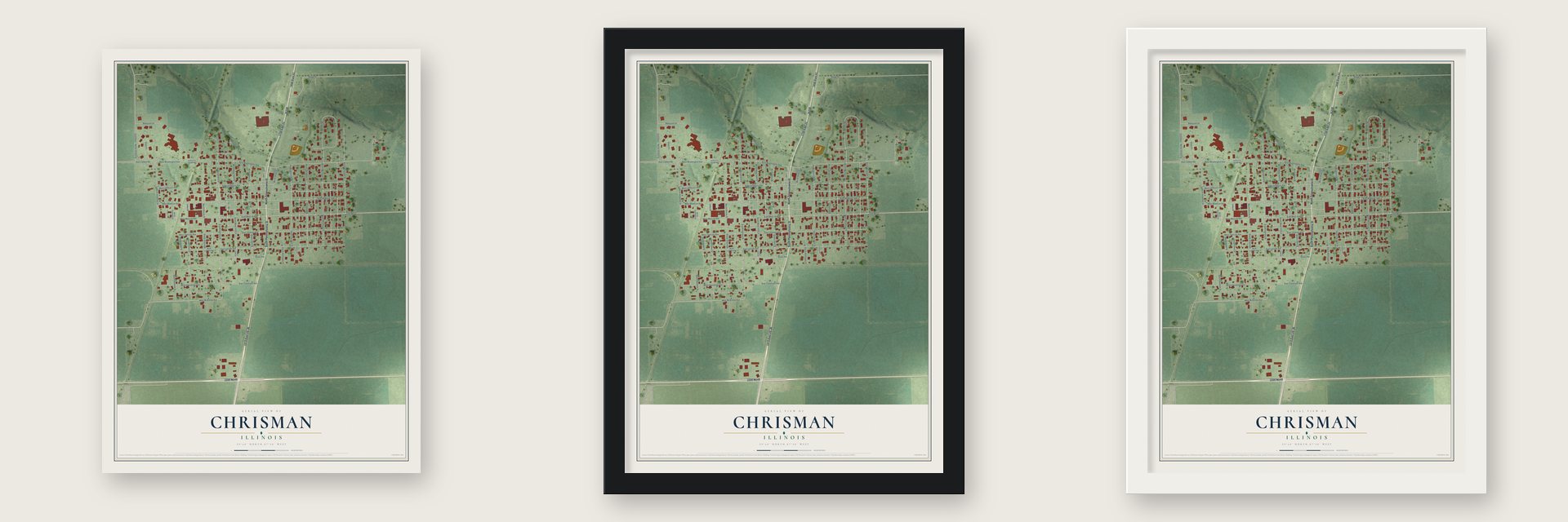 Chrisman, Illinois map unframed, in a black wood frame and in a white wood frame