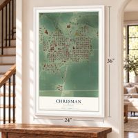 Chrisman, Illinois map, 24 x 36 inch print in a white frame by a staircase