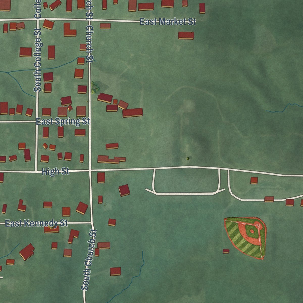 Second close-up of the map of Chrisney, Indiana print showing more streets and buildings