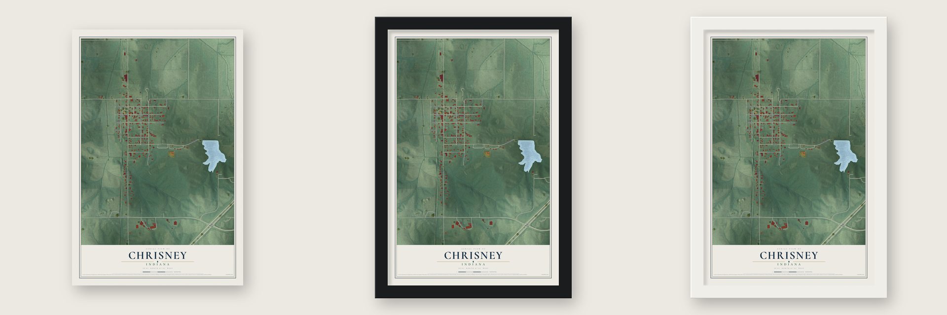 Chrisney, Indiana map unframed, in a black wood frame and in a white wood frame