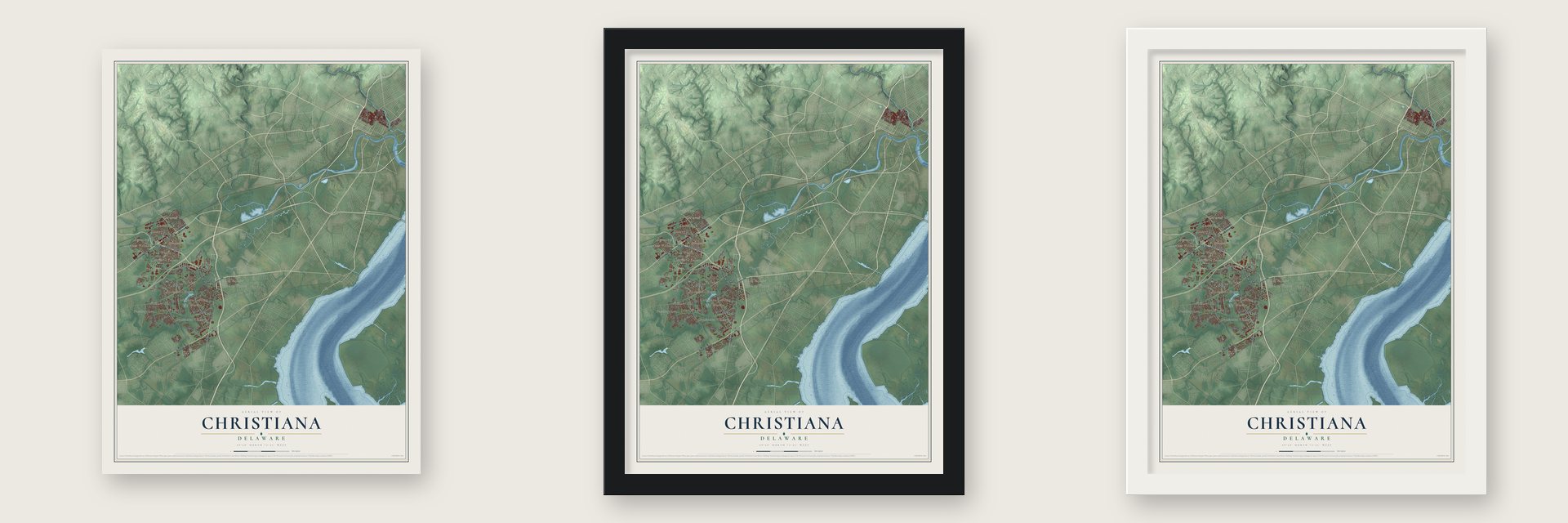 Christiana, Delaware map unframed, in a black wood frame and in a white wood frame