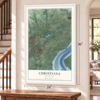 Christiana, Delaware map, 24 x 36 inch print in a white frame by a staircase