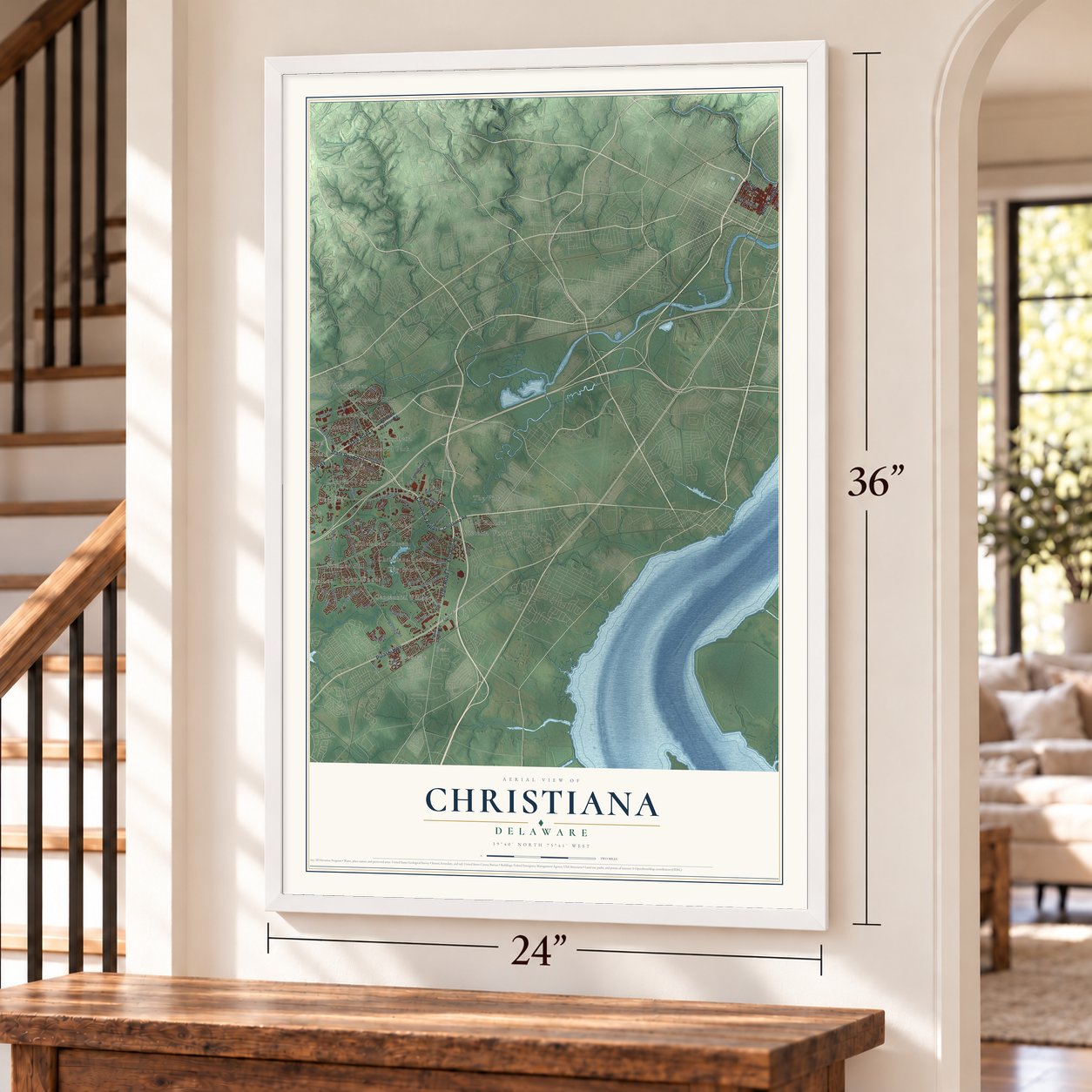 Christiana, Delaware map, 24 x 36 inch print in a white frame by a staircase