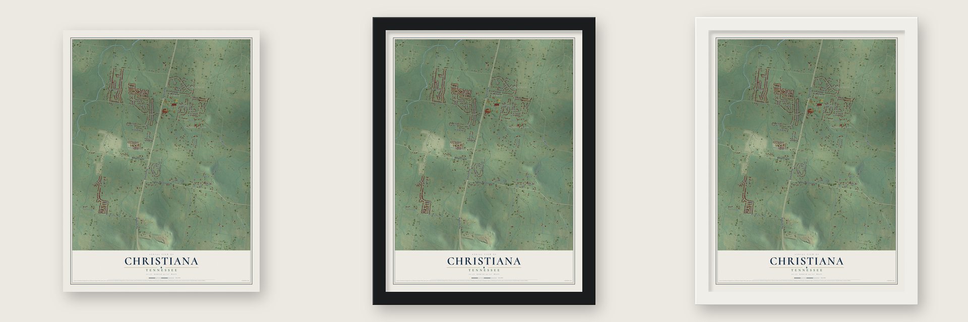 Christiana, Tennessee map unframed, in a black wood frame and in a white wood frame