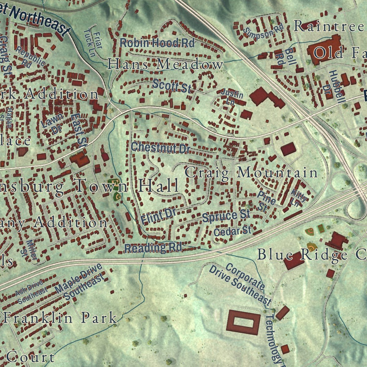 Second close-up of the map of Christiansburg, Virginia print showing more streets and buildings