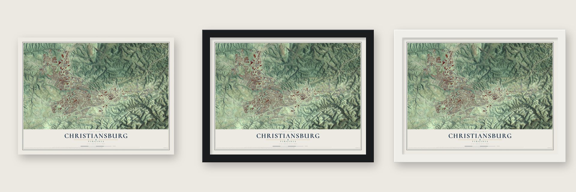Christiansburg, Virginia map unframed, in a black wood frame and in a white wood frame
