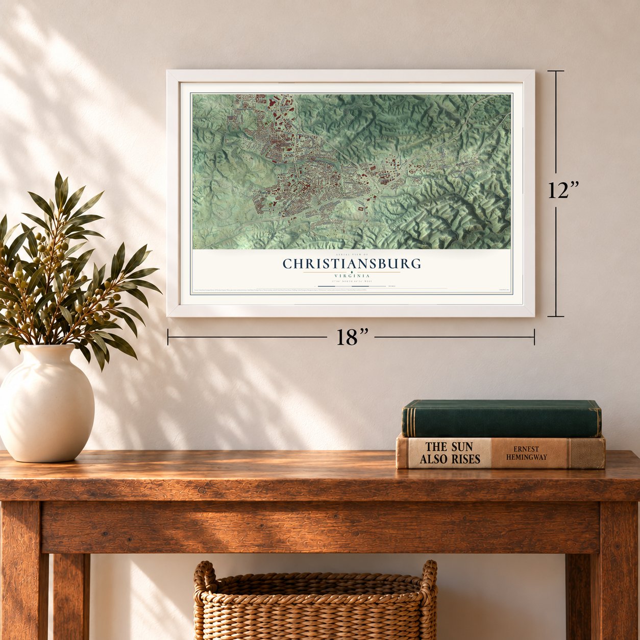 Christiansburg, Virginia map, 12 x 18 inch print in a white frame in an entryway