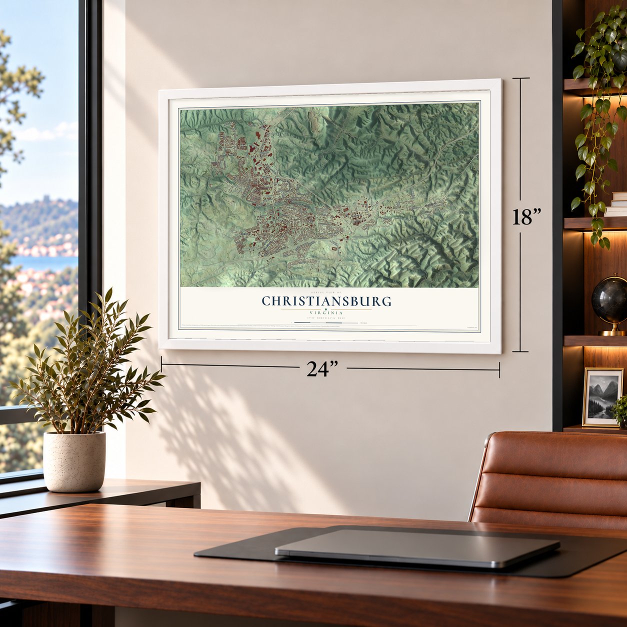 Christiansburg, Virginia map, 18 x 24 inch print in a white frame in a home office