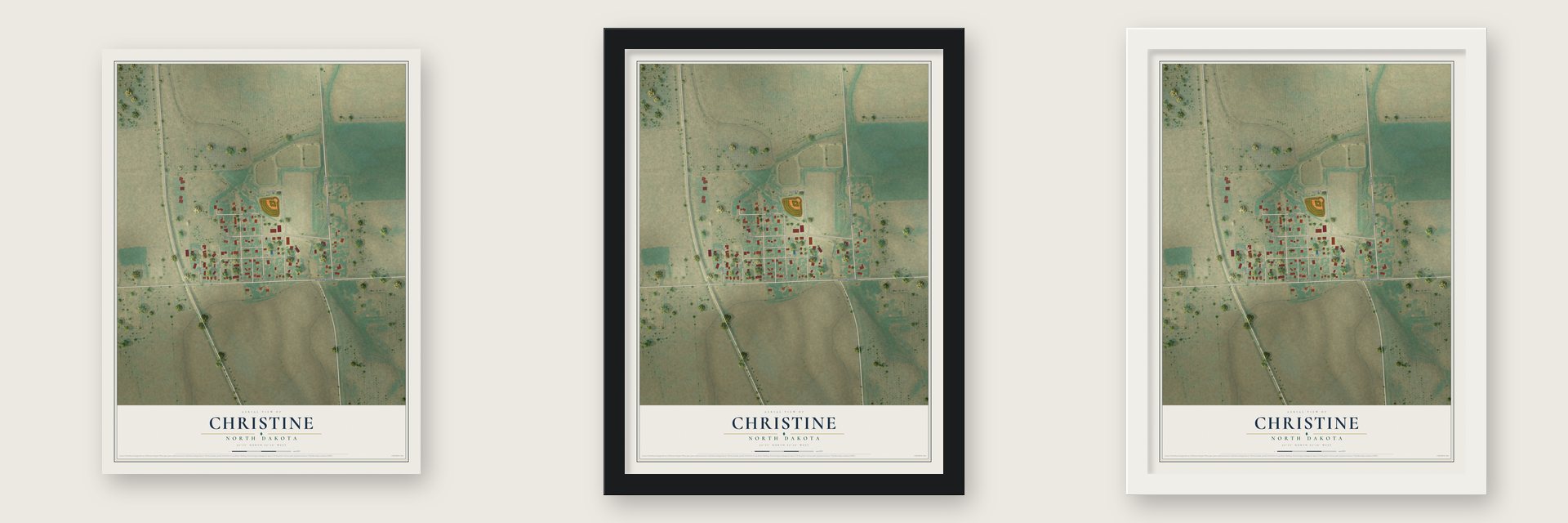 Christine, North Dakota map unframed, in a black wood frame and in a white wood frame