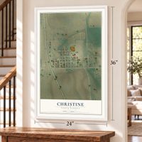 Christine, North Dakota map, 24 x 36 inch print in a white frame by a staircase