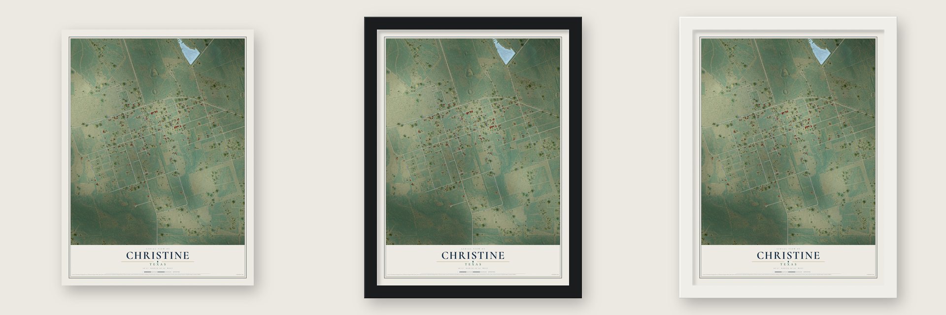 Christine, Texas map unframed, in a black wood frame and in a white wood frame