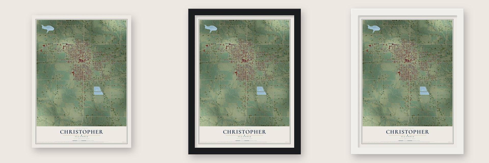 Christopher, Illinois map unframed, in a black wood frame and in a white wood frame