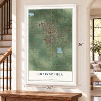 Christopher, Illinois map, 24 x 36 inch print in a white frame by a staircase