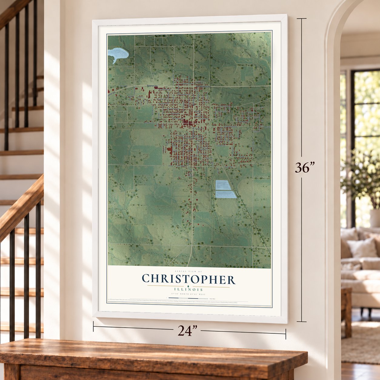 Christopher, Illinois map, 24 x 36 inch print in a white frame by a staircase