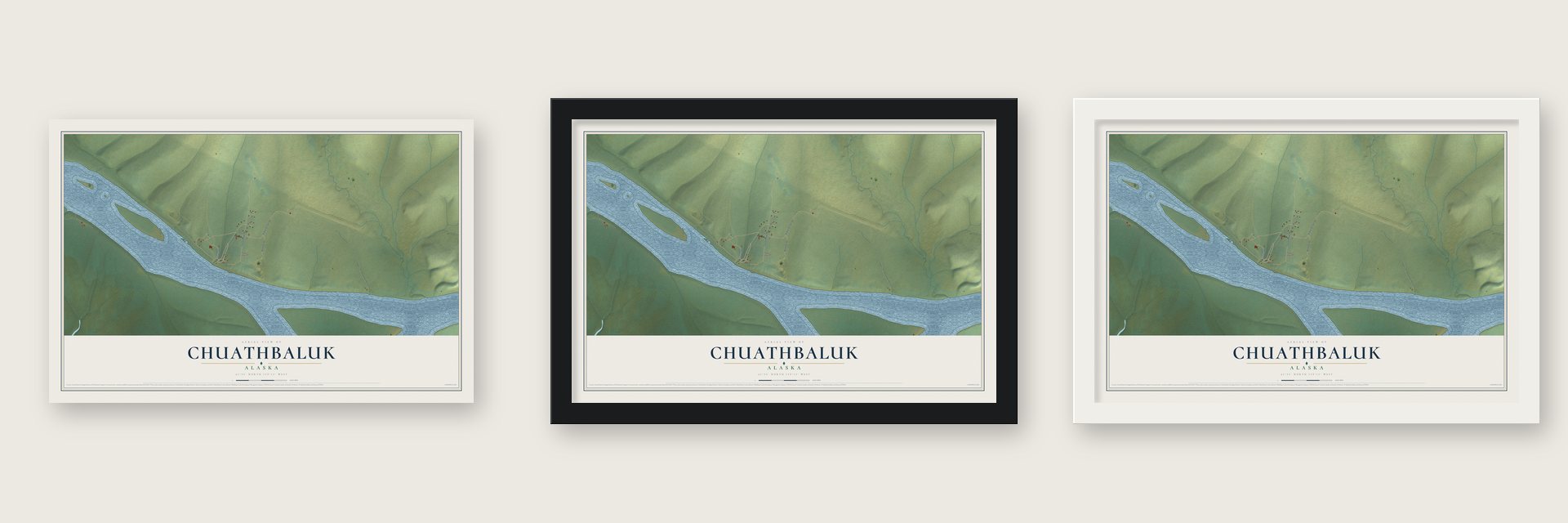Chuathbaluk, Alaska map unframed, in a black wood frame and in a white wood frame
