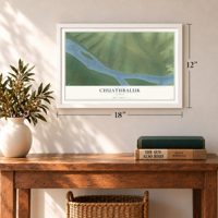 Chuathbaluk, Alaska map, 12 x 18 inch print in a white frame in an entryway