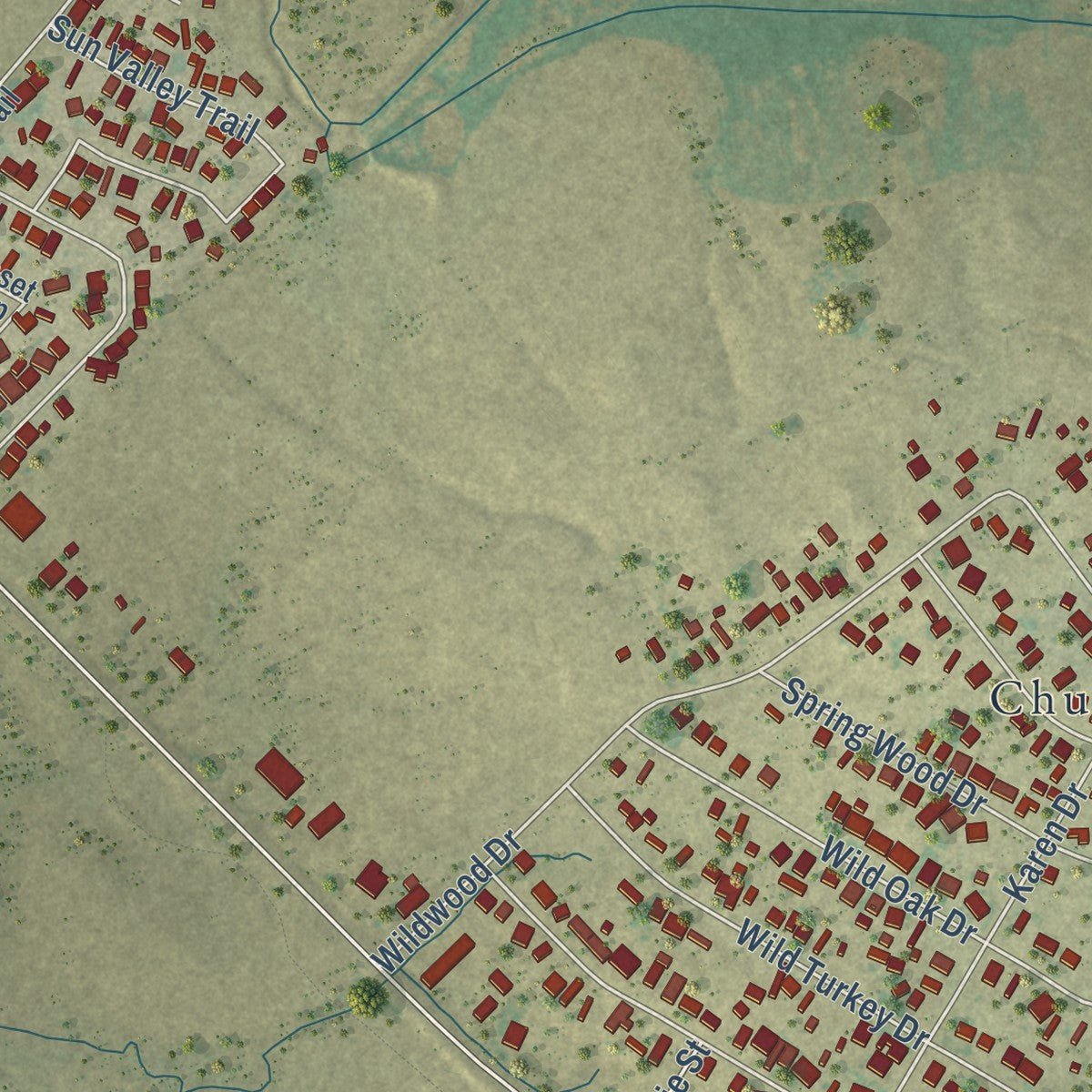 Second close-up of the map of Chula Vista, Texas print showing more streets and buildings
