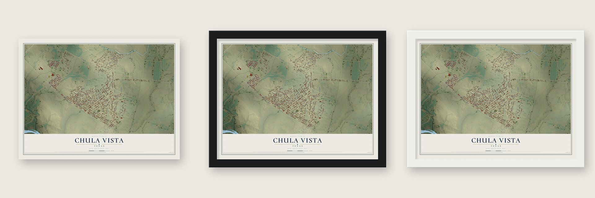 Chula Vista, Texas map unframed, in a black wood frame and in a white wood frame