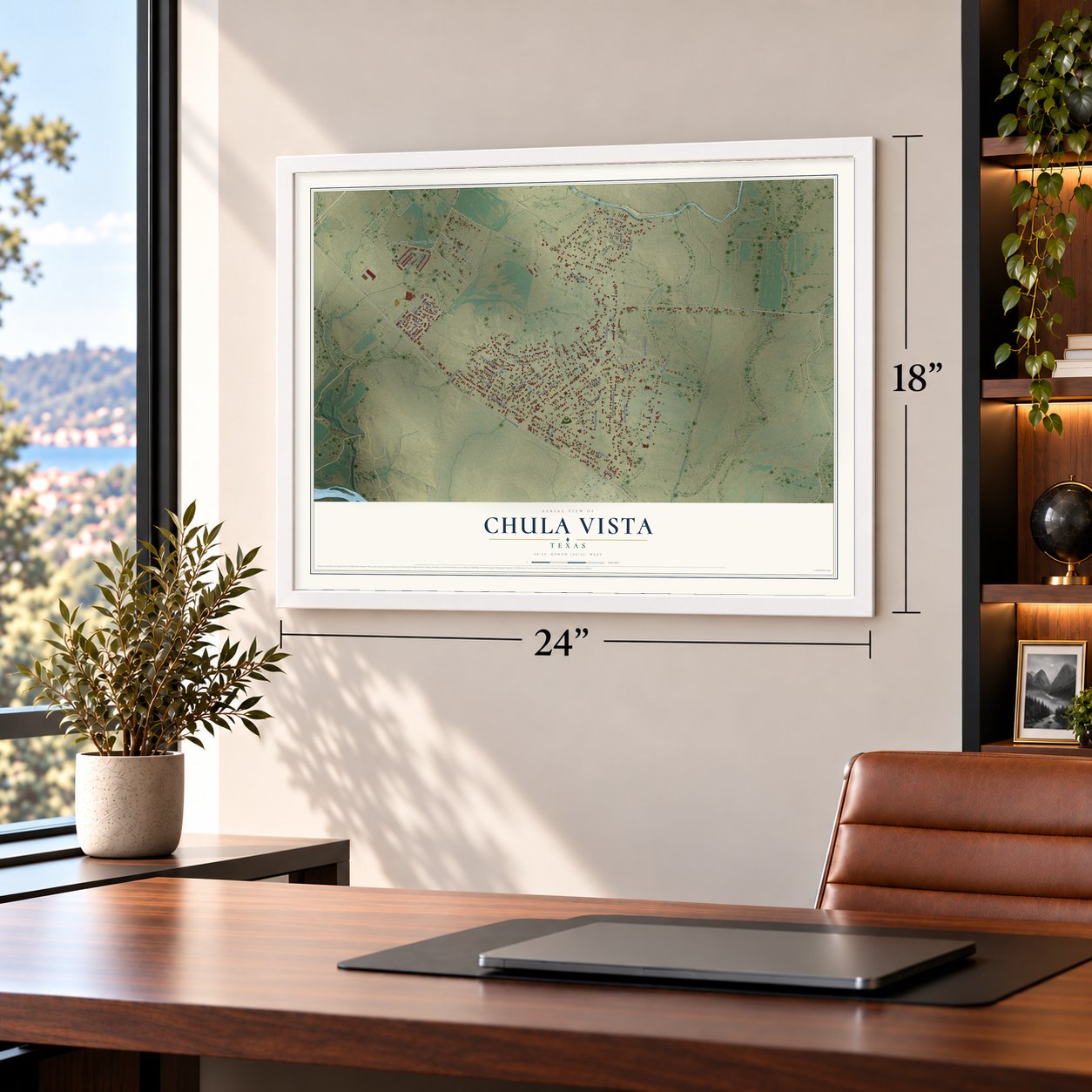 Chula Vista, Texas map, 18 x 24 inch print in a white frame in a home office