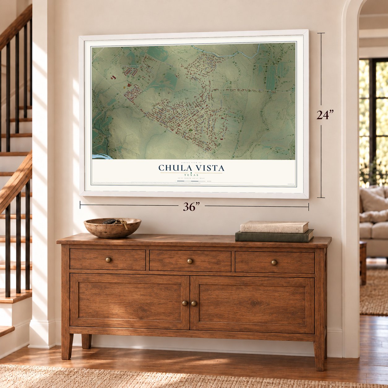 Chula Vista, Texas map, 24 x 36 inch print in a white frame above a dresser by a staircase