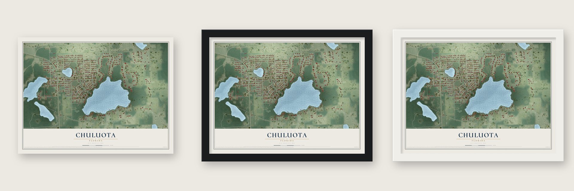 Chuluota, Florida map unframed, in a black wood frame and in a white wood frame