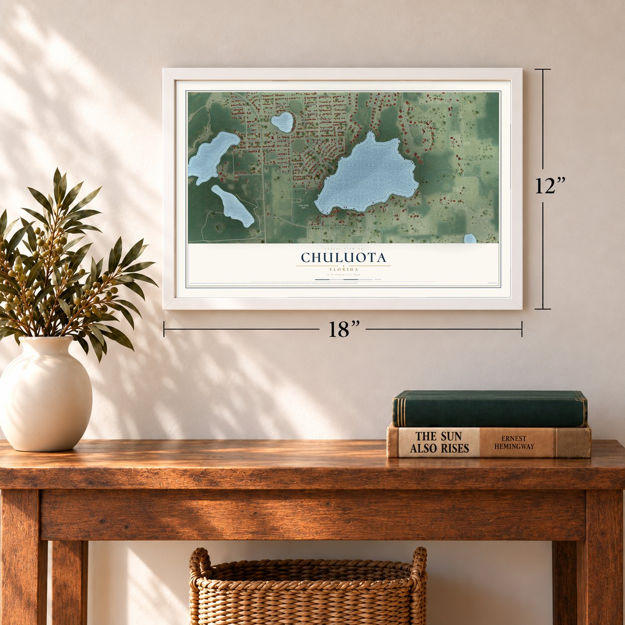Chuluota, Florida map, 12 x 18 inch print in a white frame in an entryway