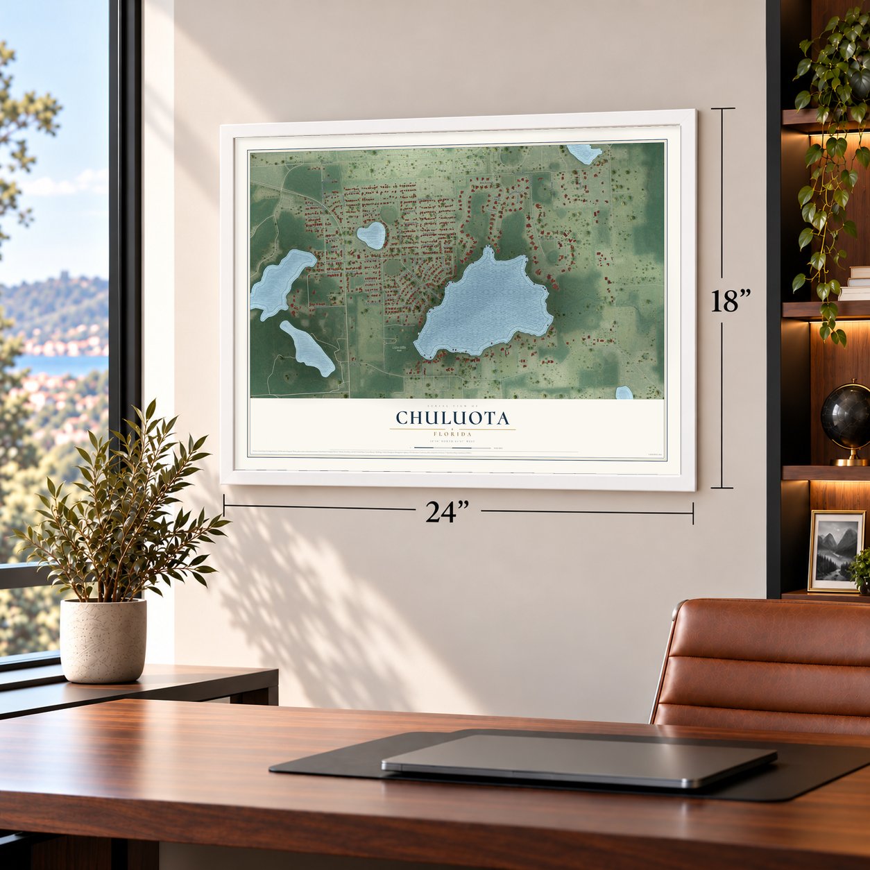 Chuluota, Florida map, 18 x 24 inch print in a white frame in a home office