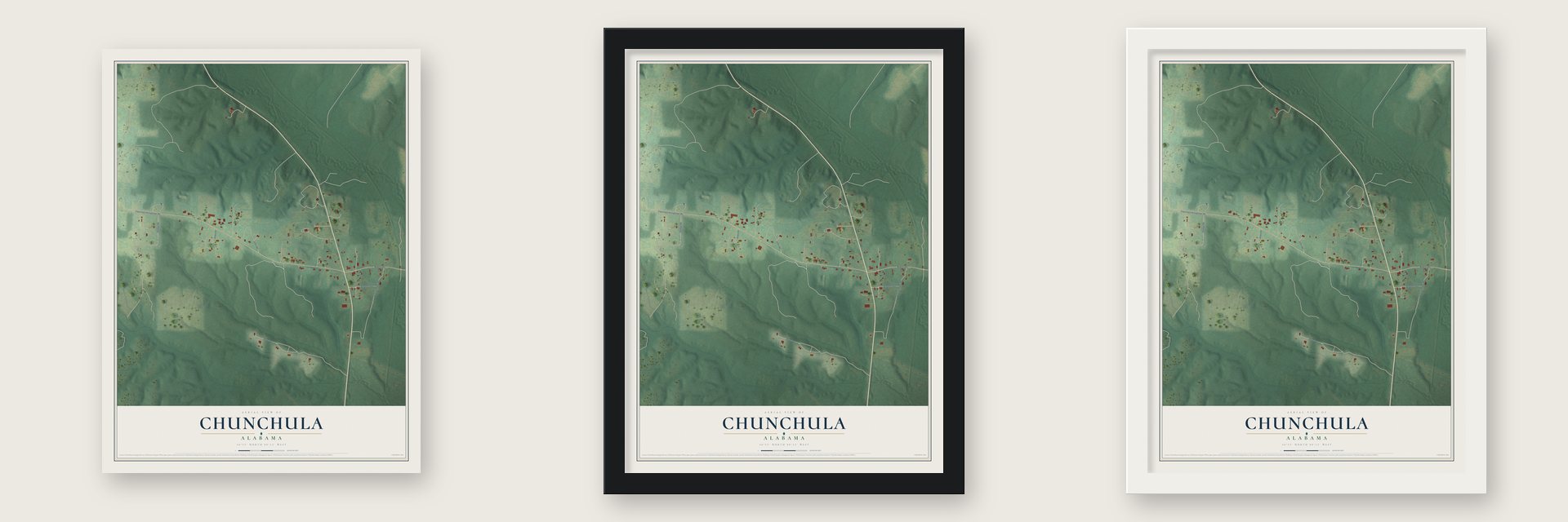 Chunchula, Alabama map unframed, in a black wood frame and in a white wood frame