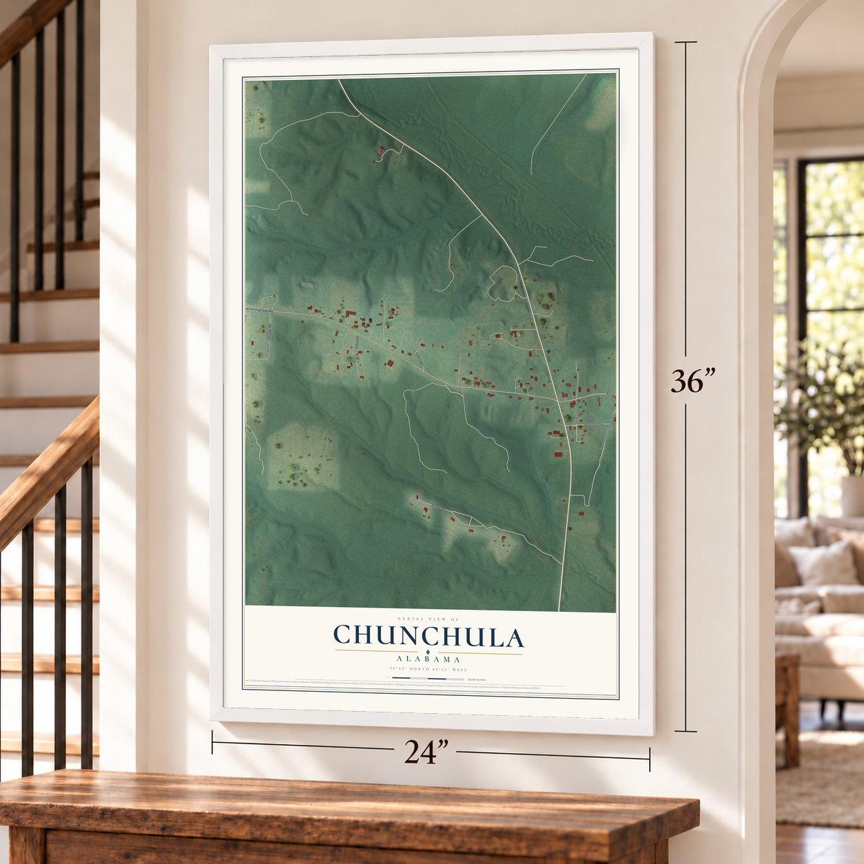 Chunchula, Alabama map, 24 x 36 inch print in a white frame by a staircase