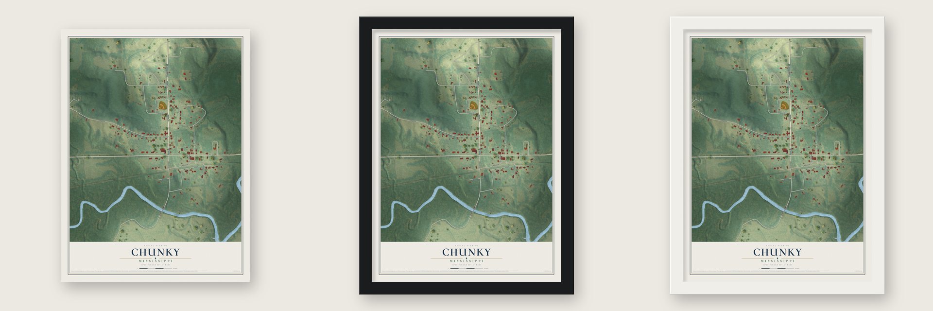 Chunky, Mississippi map unframed, in a black wood frame and in a white wood frame