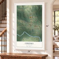 Chunky, Mississippi map, 24 x 36 inch print in a white frame by a staircase