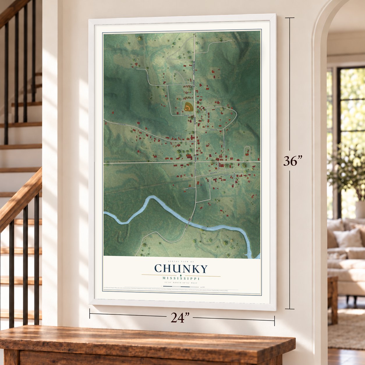 Chunky, Mississippi map, 24 x 36 inch print in a white frame by a staircase