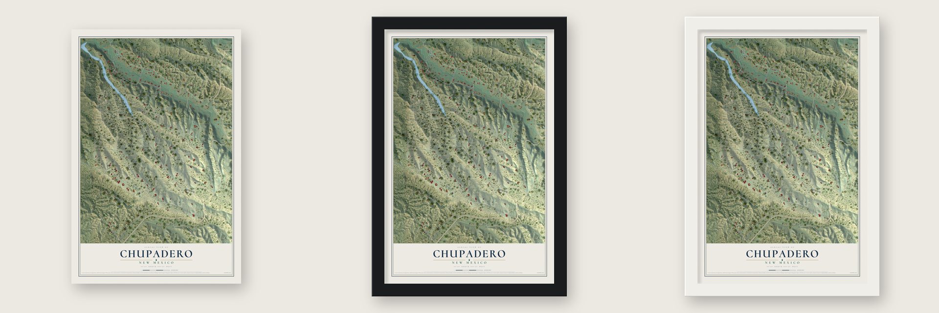 Chupadero, New Mexico map unframed, in a black wood frame and in a white wood frame