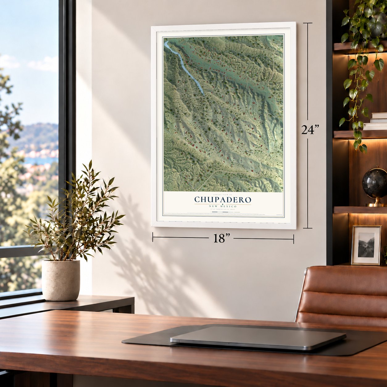 Chupadero, New Mexico map, 18 x 24 inch print in a white frame in a home office