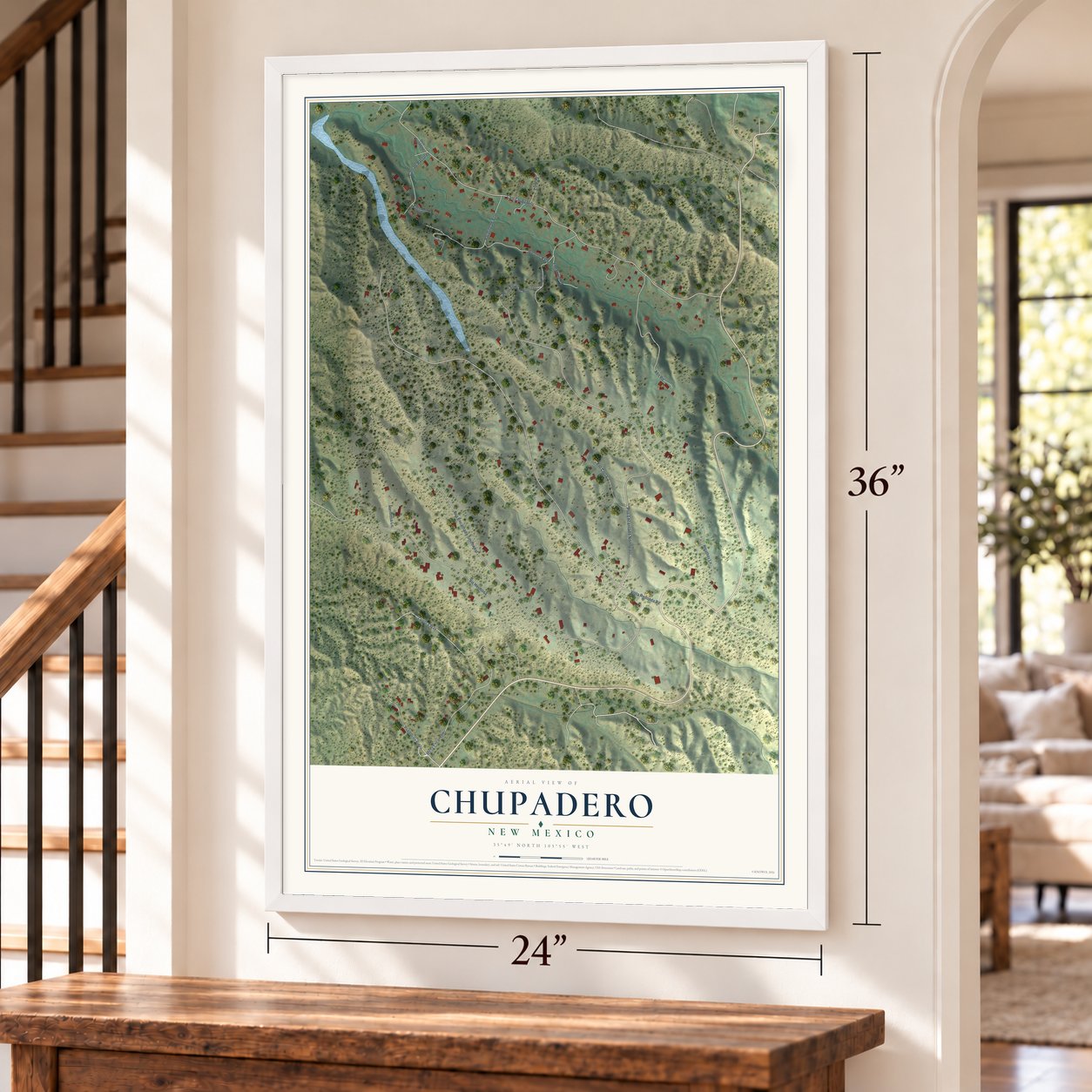 Chupadero, New Mexico map, 24 x 36 inch print in a white frame by a staircase