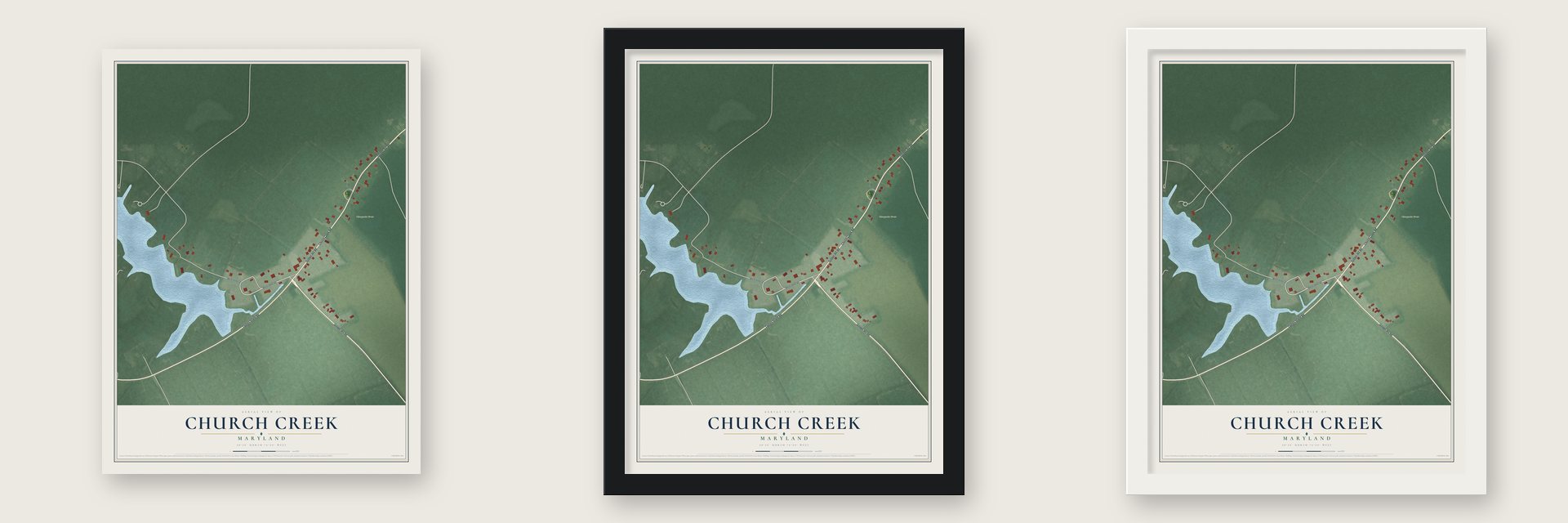 Church Creek, Maryland map unframed, in a black wood frame and in a white wood frame