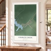 Church Creek, Maryland map, 24 x 36 inch print in a white frame by a staircase
