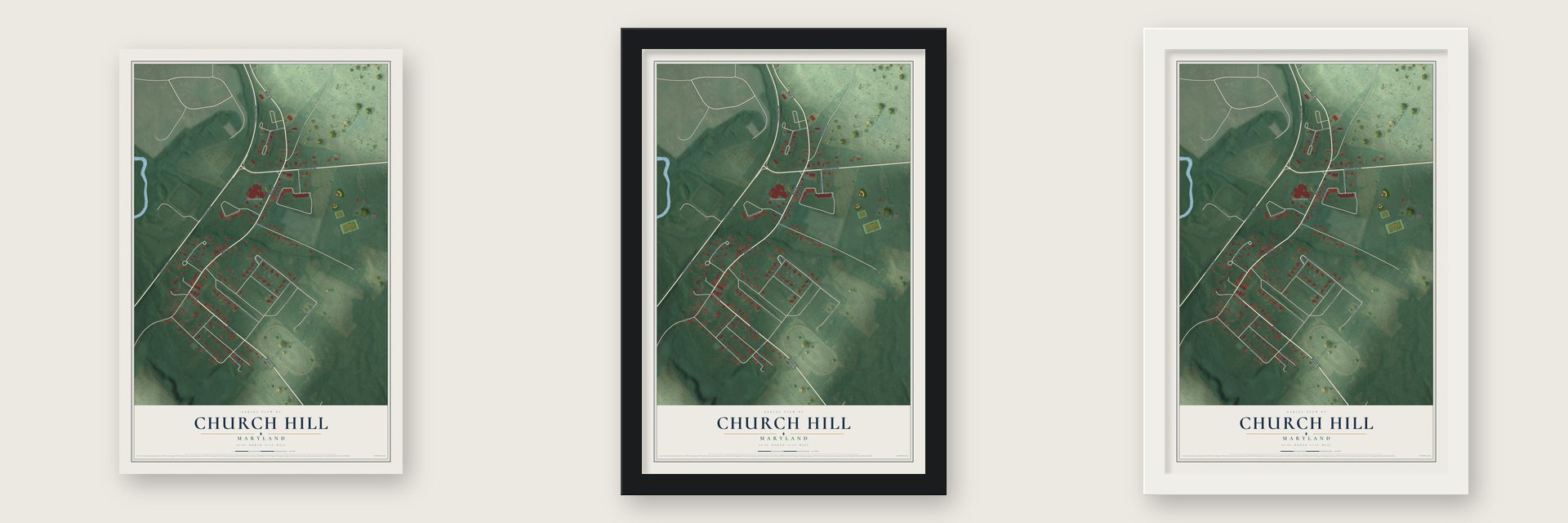 Church Hill, Maryland map unframed, in a black wood frame and in a white wood frame