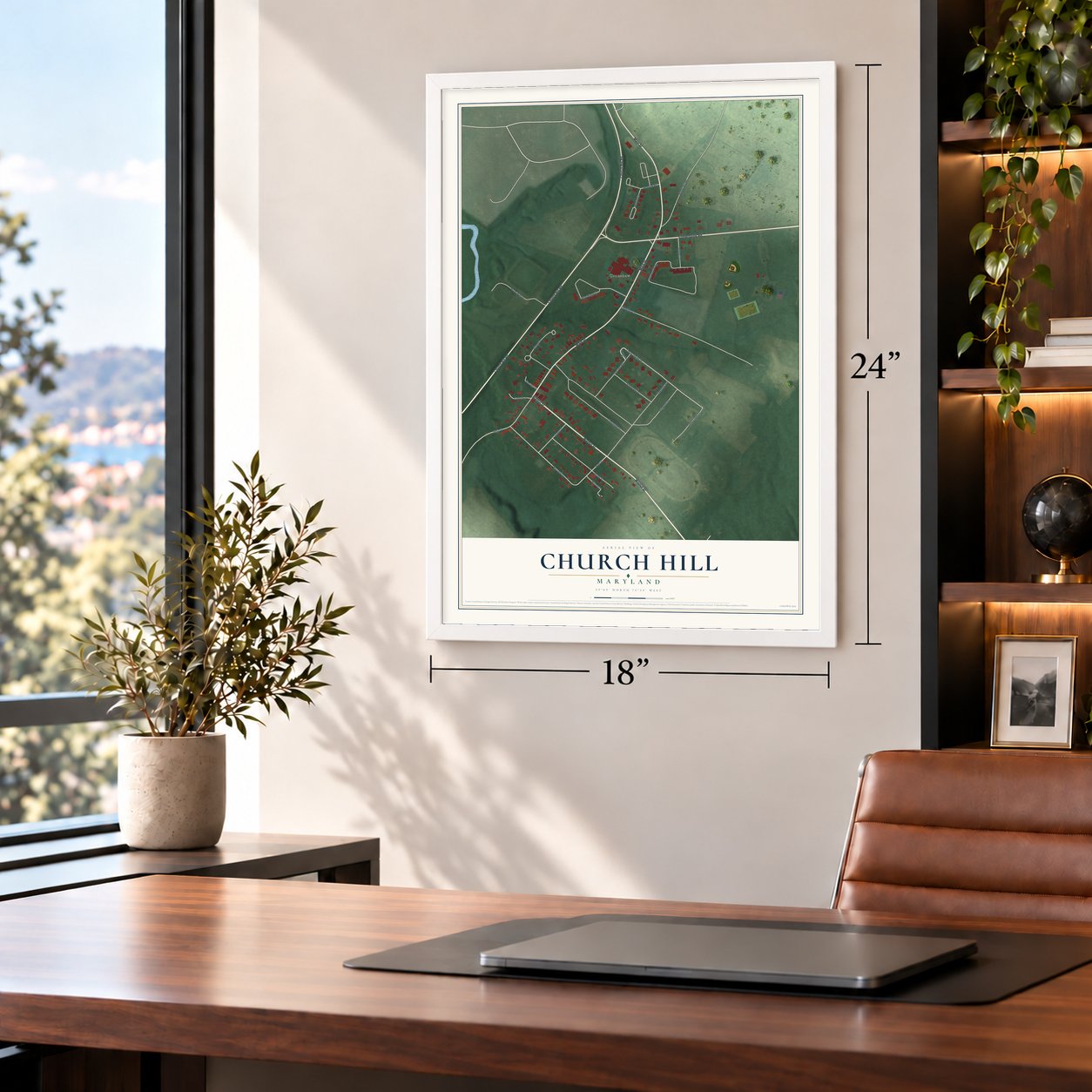 Church Hill, Maryland map, 18 x 24 inch print in a white frame in a home office