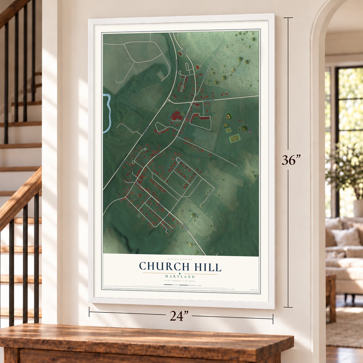 Church Hill, Maryland map, 24 x 36 inch print in a white frame by a staircase