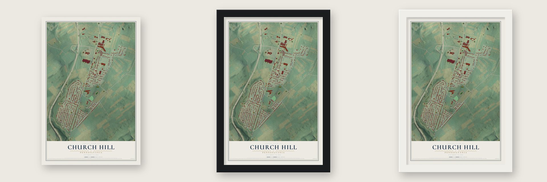 Church Hill, Pennsylvania map unframed, in a black wood frame and in a white wood frame