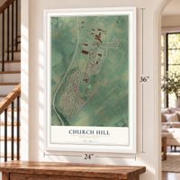 Church Hill, Pennsylvania map, 24 x 36 inch print in a white frame by a staircase