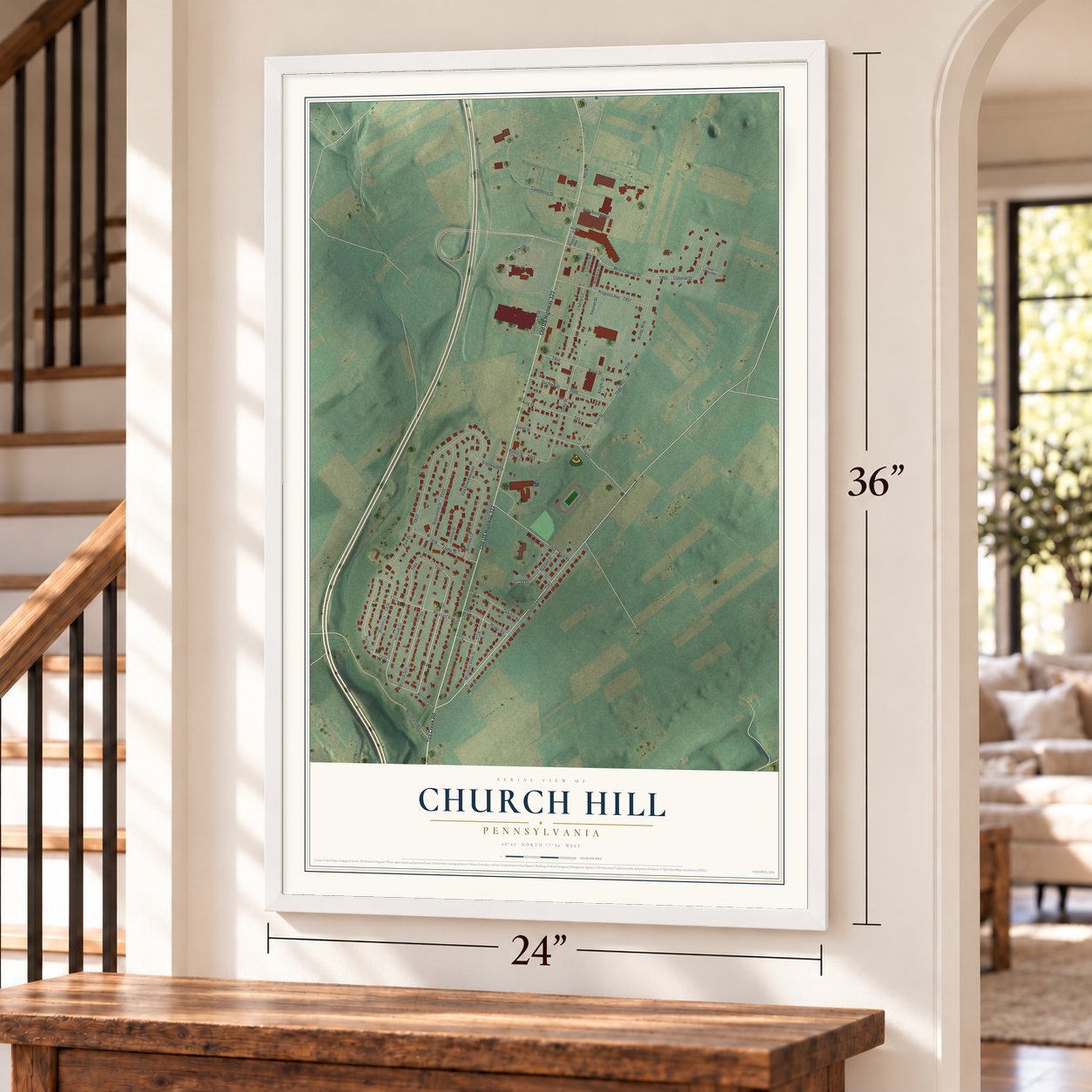 Church Hill, Pennsylvania map, 24 x 36 inch print in a white frame by a staircase