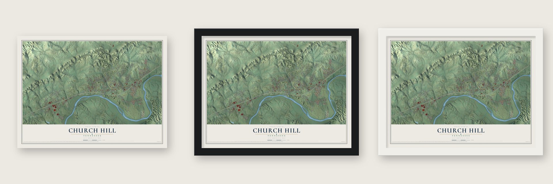 Church Hill, Tennessee map unframed, in a black wood frame and in a white wood frame